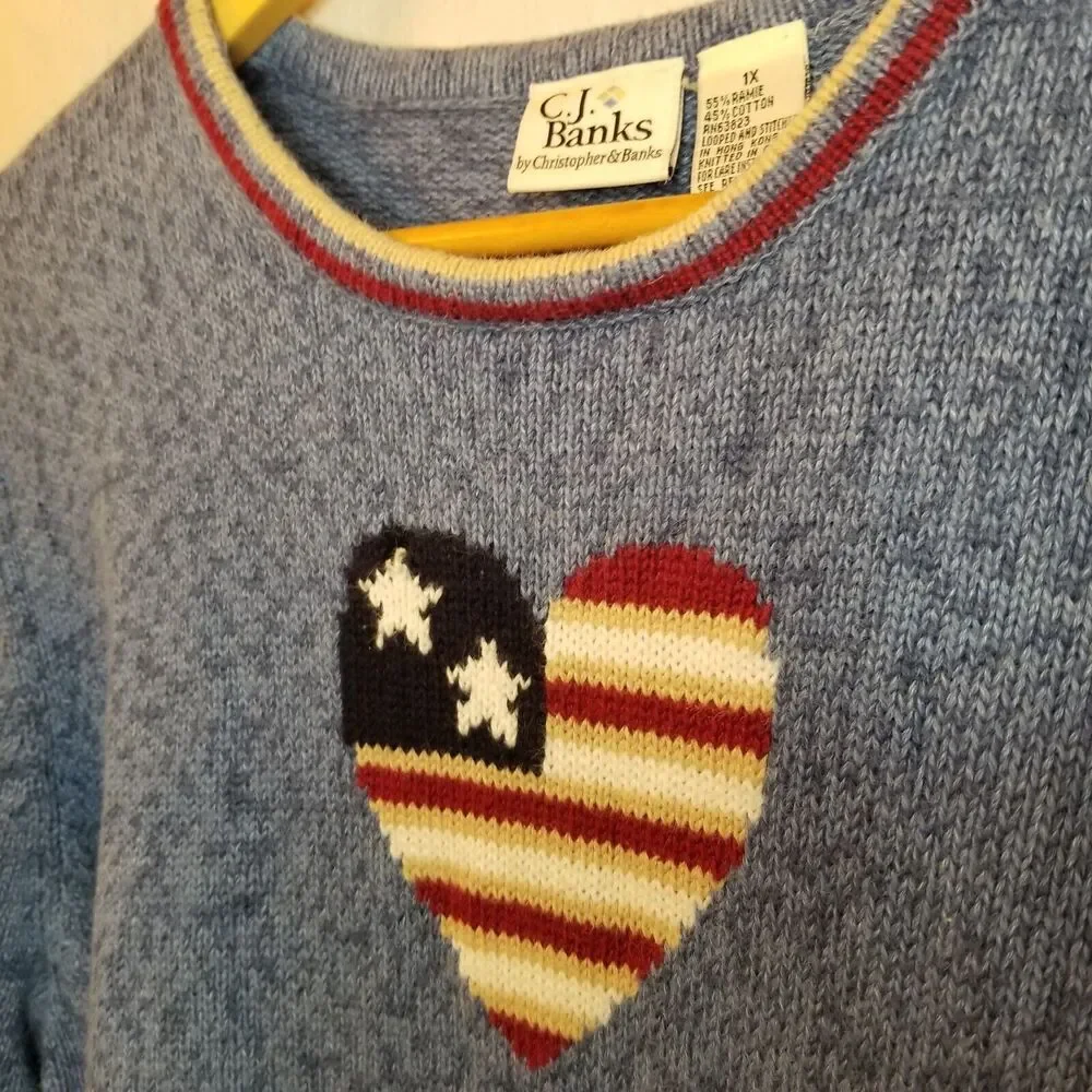 CJ Banks Vintage Sweater Knit Womens 1X Fall Winter Heart Blue Pullover